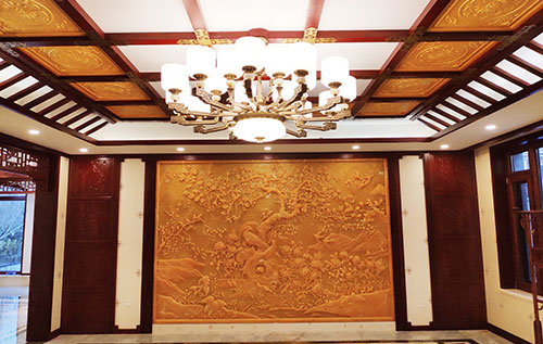 连云港中式别墅客厅中式木作横梁吊顶装饰展示