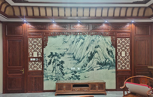 连云港中式仿古别墅客厅背景墙花格木作装饰